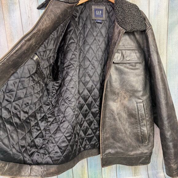 Gap Leather Bomber Jacket Cowhide OLD XL Black Sherpa Collar Trucker Vintage - Picture 5 of 11